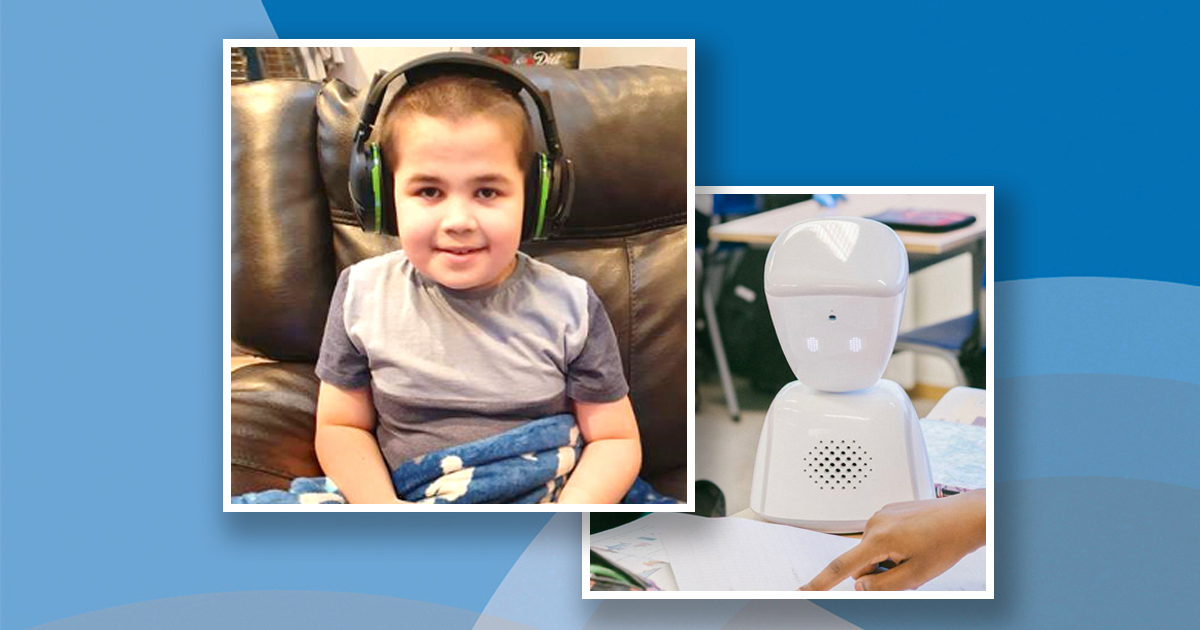 tw images: smiling boy wearing headhones, and a small robot