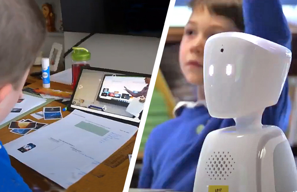 split screen: boy at home watching lesson on iPad, robot on school desk