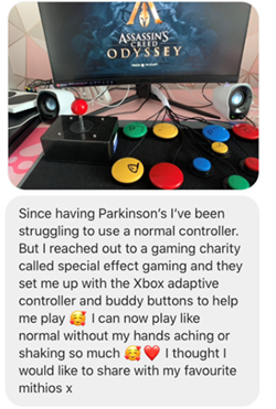 Social media message from Rebecca to Michael Antonakos, includes: "I can now play like normal without my hands aching or shaking as much"