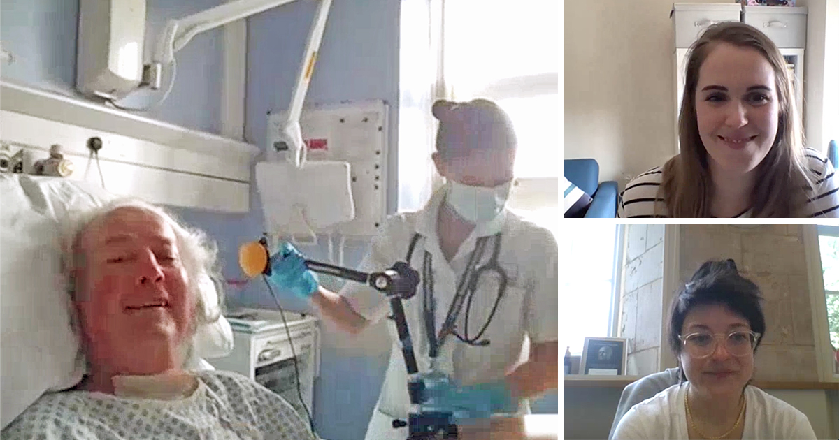 smiling patient in hospital bed, nurse beside him. Two inset faces to the right