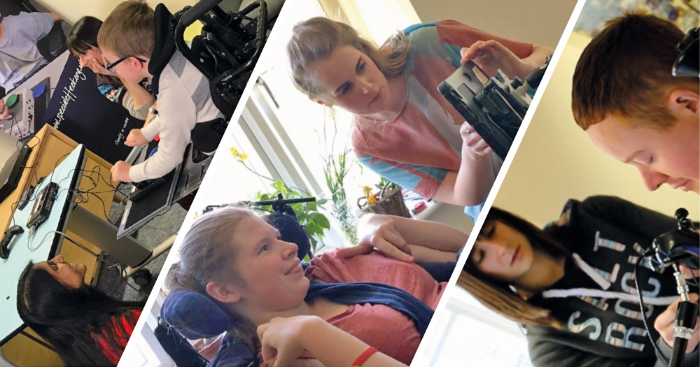 Montage of three images of therapists introducing technology to people with disabilities