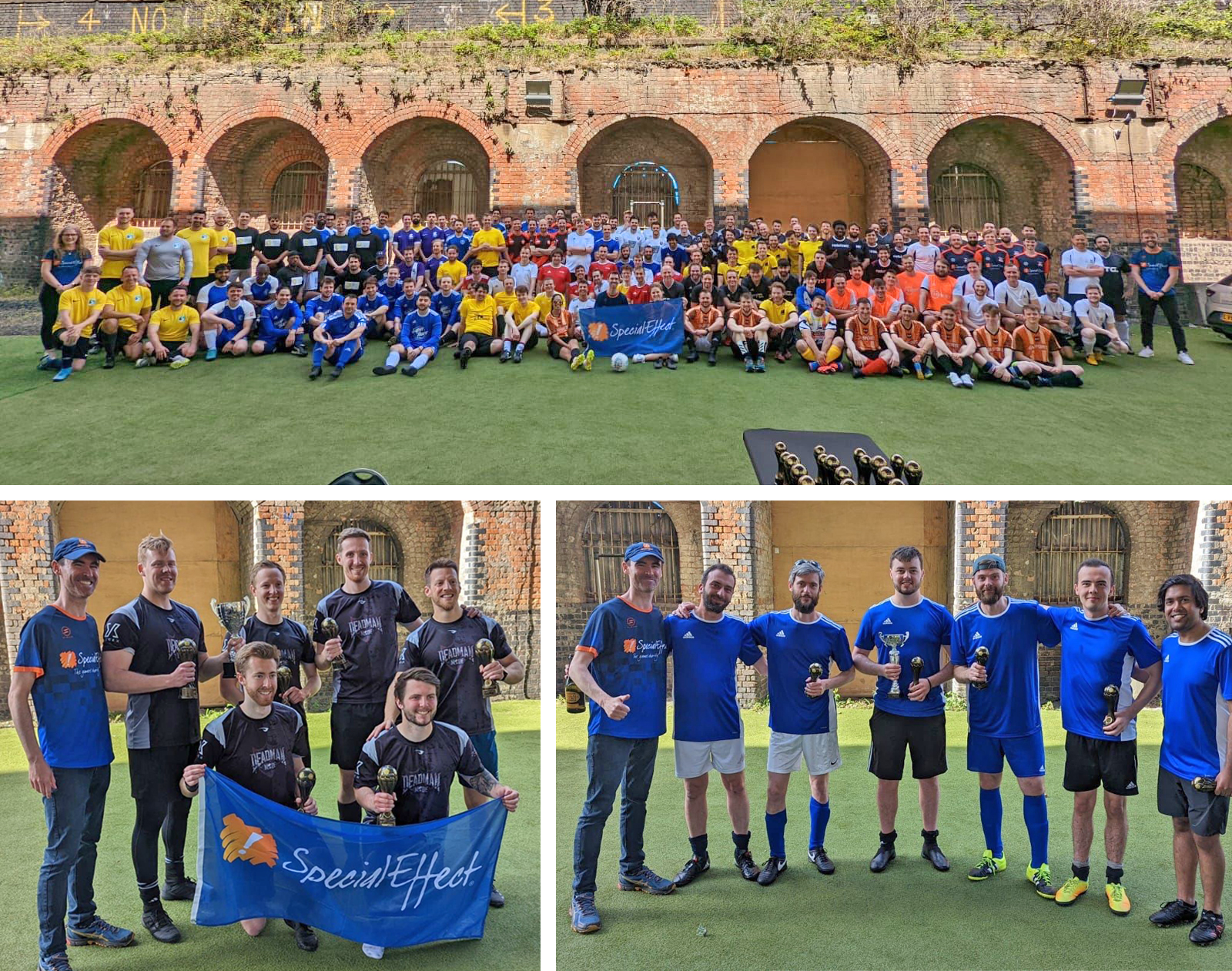 Three images: all the teams together, the winning team of five holding a trophy and a charity flag, a second team of five hold a trophy