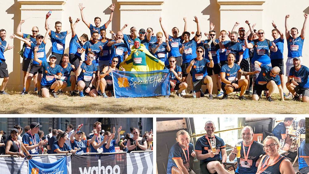 Three images: group of 50 runners, cheering crowd behind barrier, four runners in a pub