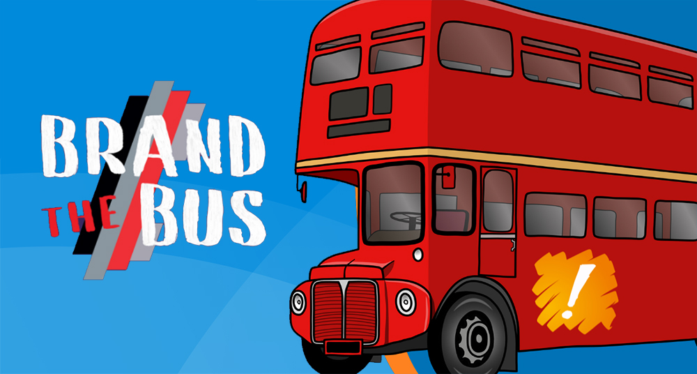 Cartoon of double-decker bus alongside a Brand the Bus logo