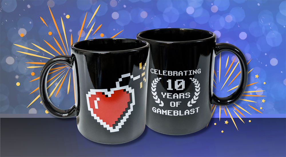 Front and back view of black mug featuring red heart on front and ten year anniversary crest on back