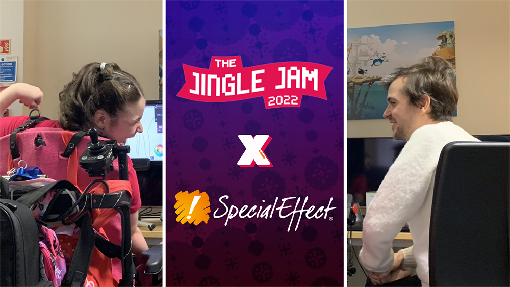 Three panels: girl in wheelchair in left panel smiling at seated man in right panel. Centre panel shows Jingle Jam and SpecialEffect logos