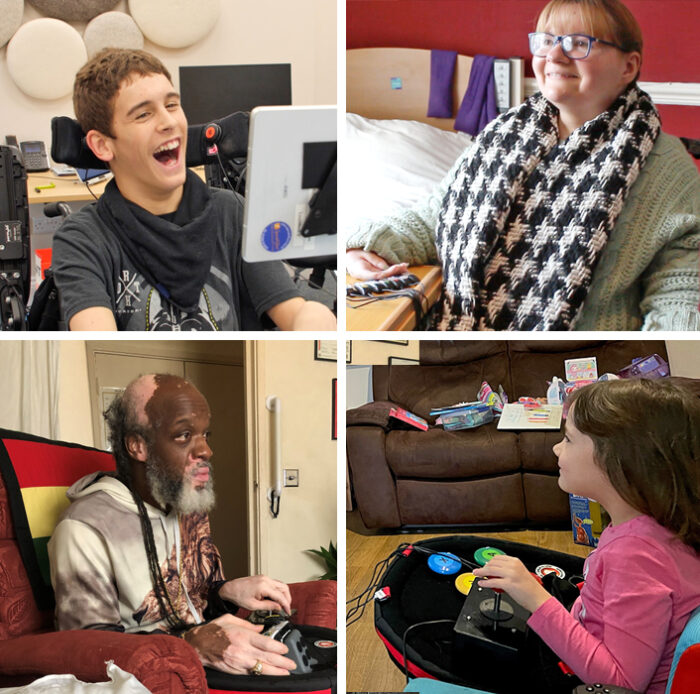 montage of a man, a young man, a woman and a girl using adapted gaming controllers.
