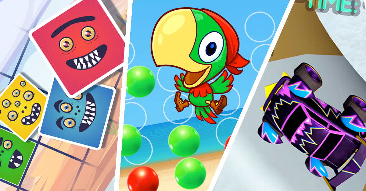 Montage of three sections of game screens illustrating Sudoku Minsters, Four in a Row, and Open Drive