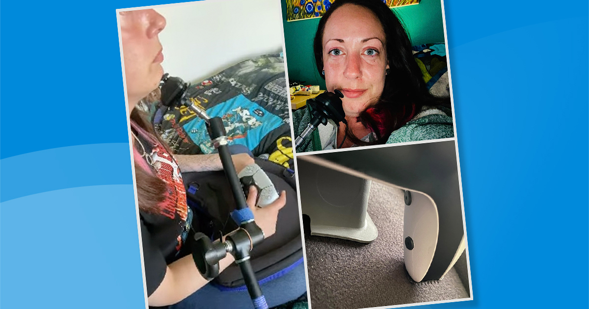 Three images: a young woman using a chin joystick and modified controller; a portrait photo of a young woman; a close-up of two buttons embedded in the grip of a gaming controller