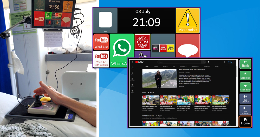 Close up of a hand operating a joystick, and two images of computer screens