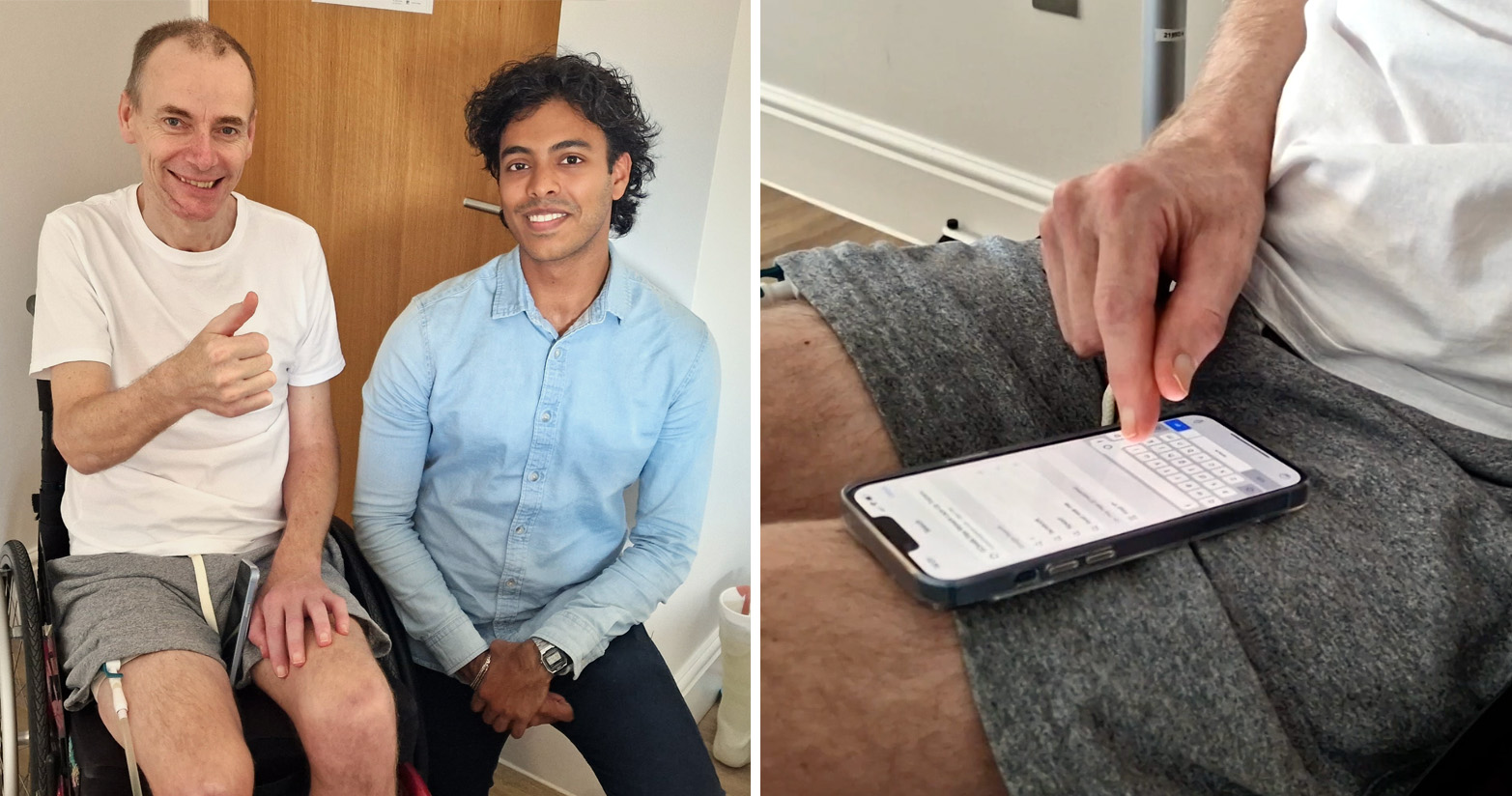 Two images: one of two smiling seated men, the other a close up of a phone being used