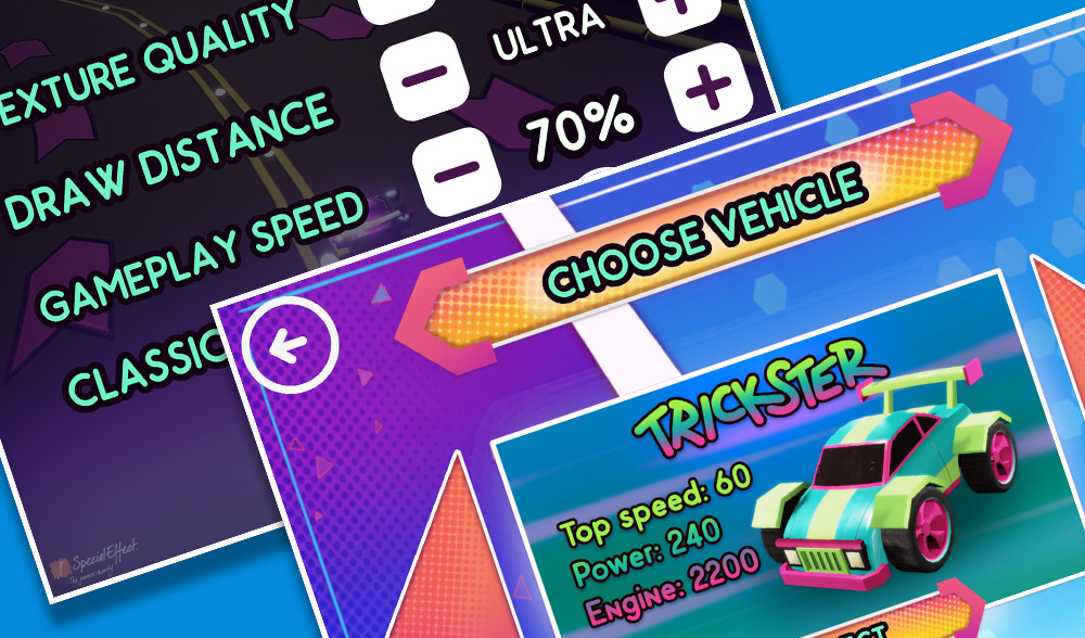 Setting screens showing game adjustment settings and one of the available cars